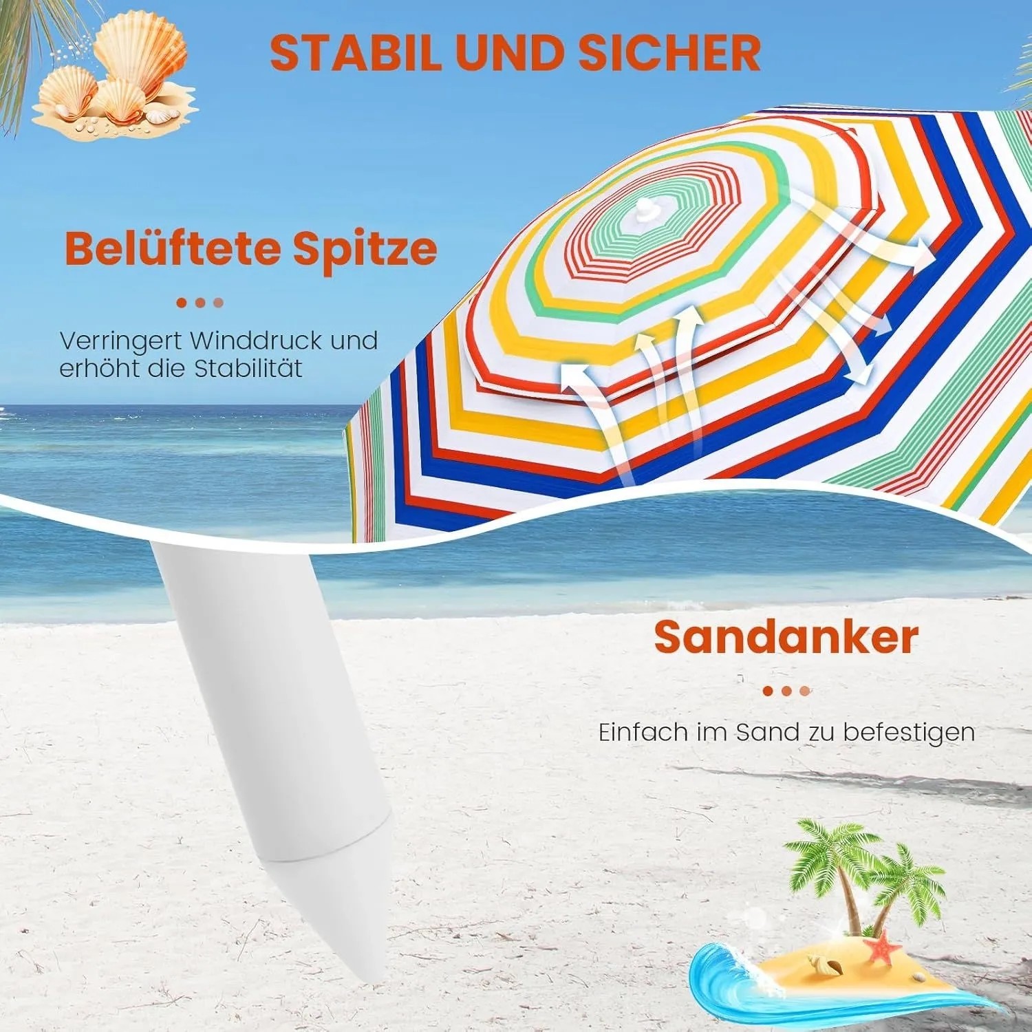 COSTWAY Sonnenschirm Strand, 179 cm, bunt gestreift, mit Sandanker und belüfteter Spitze.