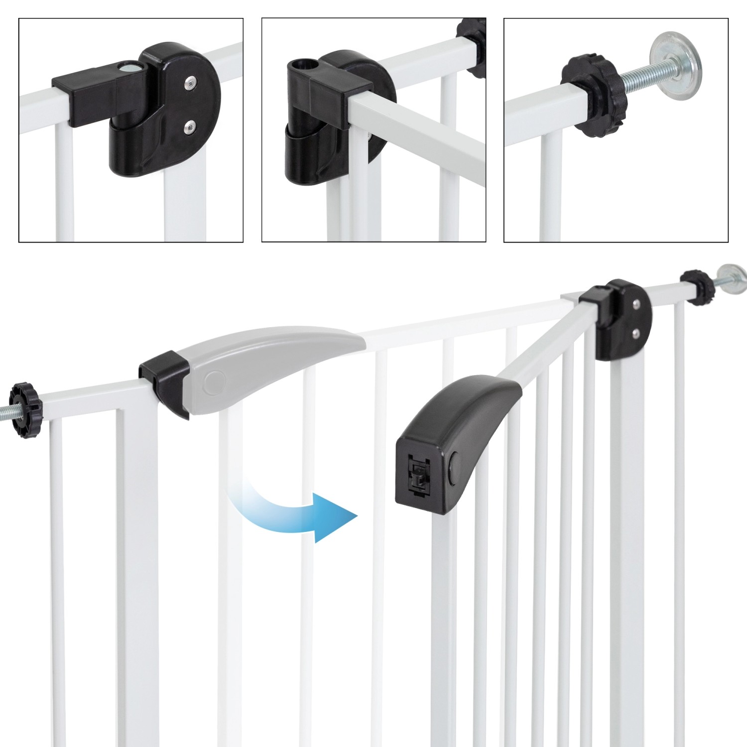 Detailansicht: Weißes ECD Germany Türschutzgitter (105-115cm) mit Montageelementen.