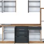 Moderne Küchenzeile (300 cm) in Grau-Wotaneiche ohne E-Geräte. Einbauküche mit viel Stauraum.