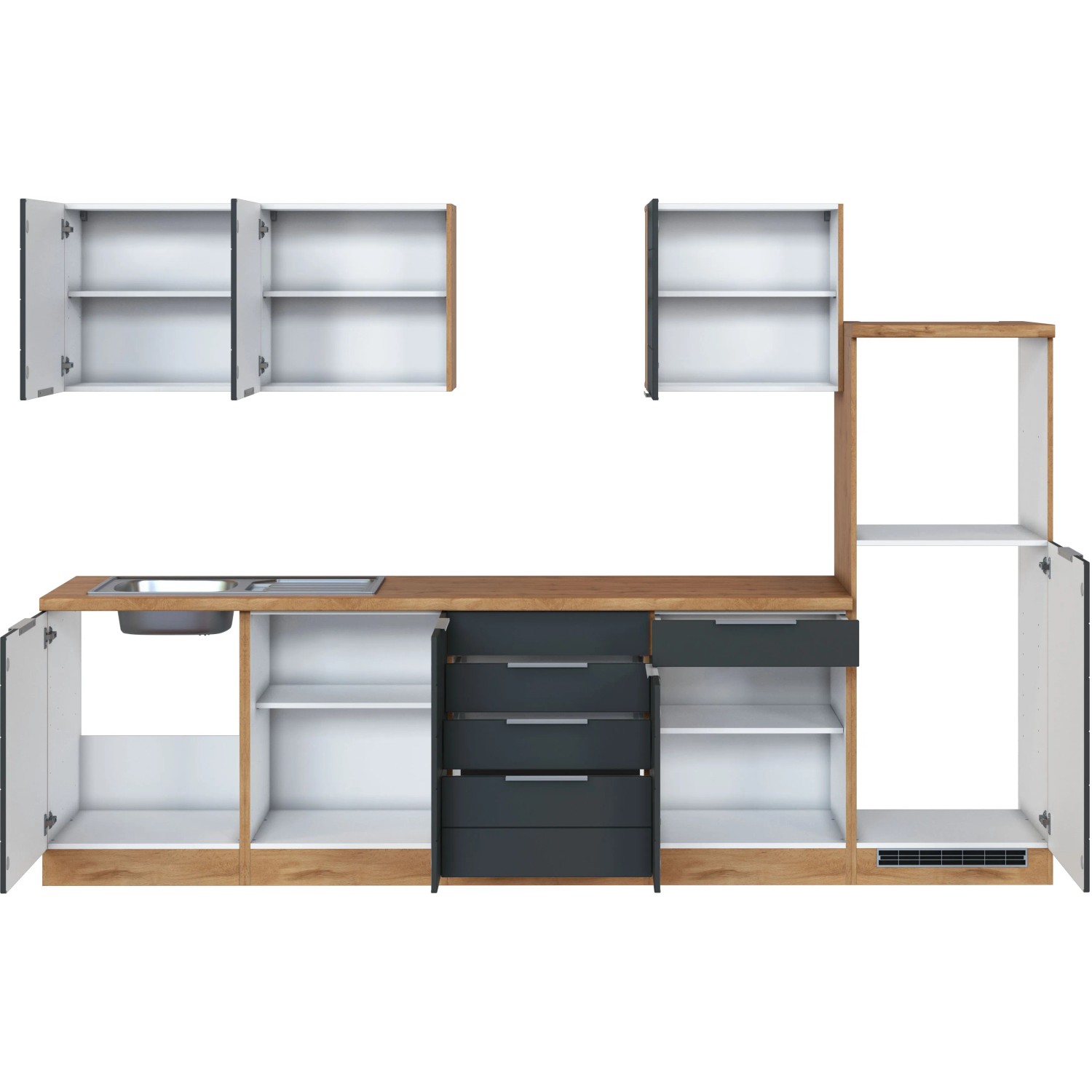 Moderne Küchenzeile (300 cm) in Grau-Wotaneiche ohne E-Geräte. Einbauküche mit viel Stauraum.