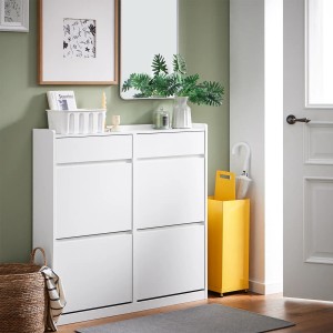 SoBuy Schuhschrank mit 4 Klappen Schuhkommode Schmal Schuhregal Weiß 98x95x19cm FSR169-W