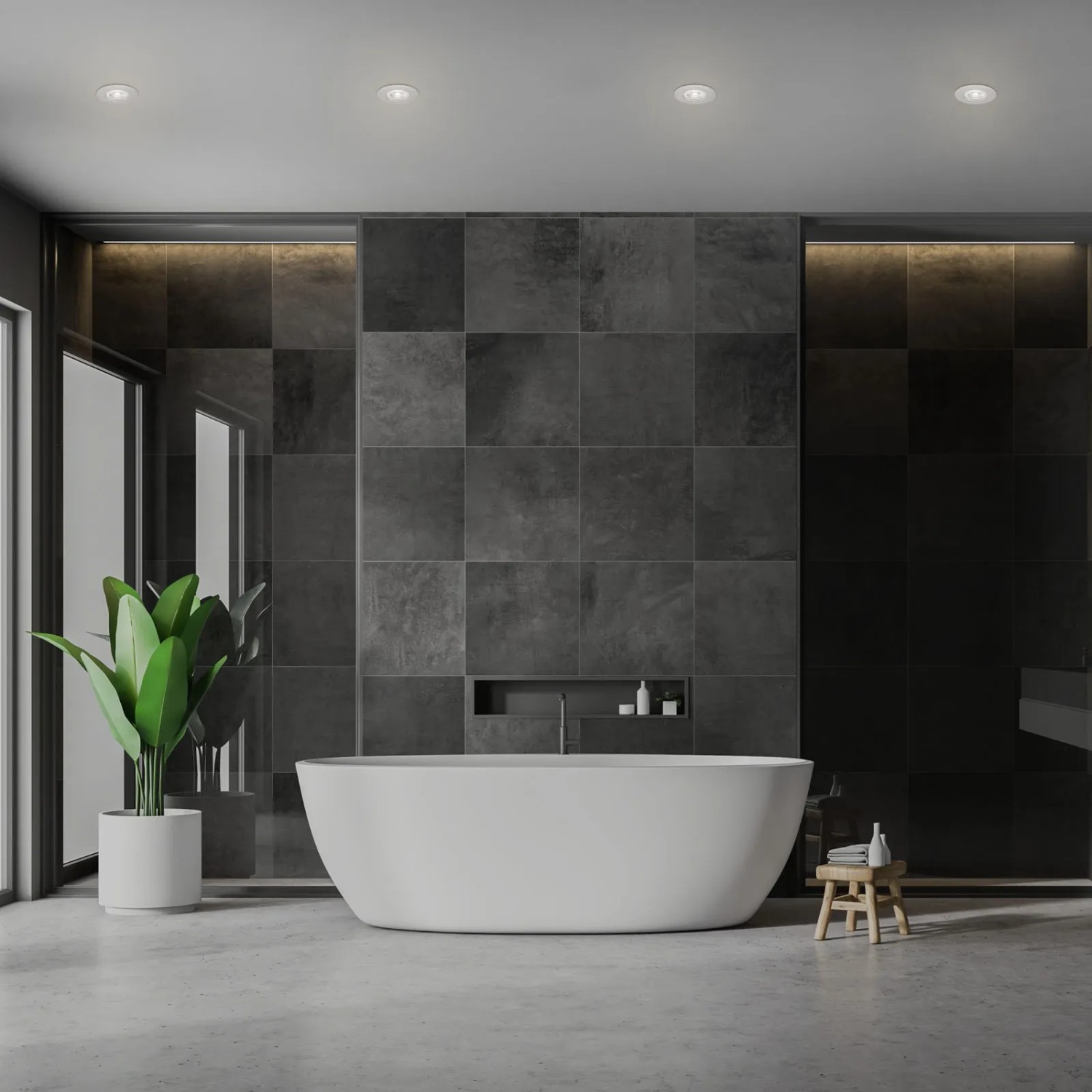 Bad mit Brilo LED-Einbauleuchten Kulana, 4er Set, Chrom matt. Warmweißes Licht, ideal für Feuchträume.