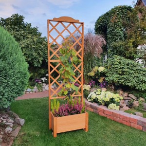 Holz Pflanzkasten Botanica mit Rankgitter, 210x69x32 cm, bepflanzt mit Kletterpflanze und Heidekraut.