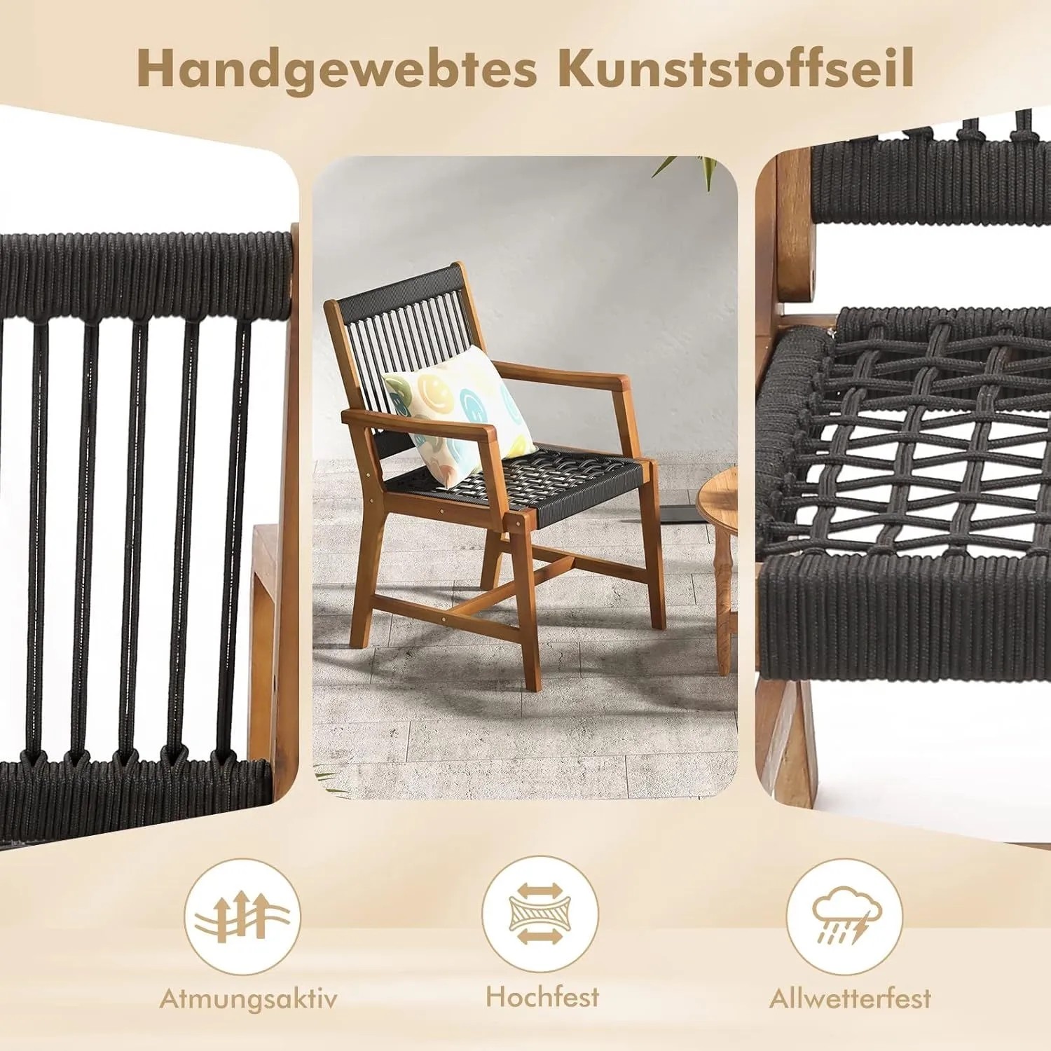 2er Set Costway Gartenstühle aus Akazienholz mit Seilgeflecht, belastbar bis 160 kg.