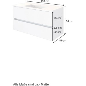 Held Möbel Einzelwaschtisch Bari 100 cm, Eiche Natur Matt, mit Maßen. Waschbeckenunterschrank mit zwei Schubladen.