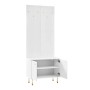 Weißer Garderobenschrank mit geriffelter Optik, goldenen Haken und Füßen, offener Schuhkommode für Flur und Diele.
