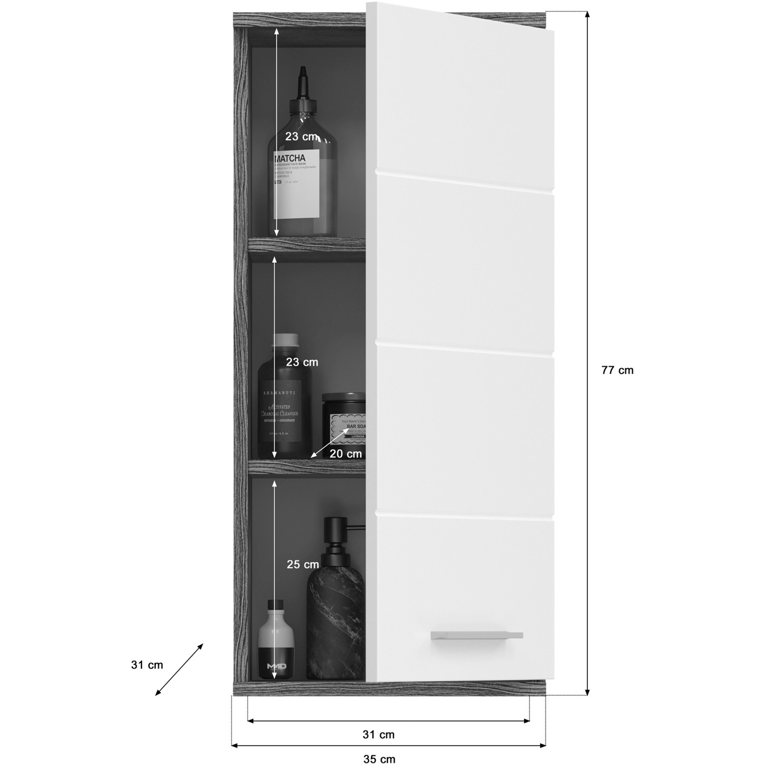 Bad-Hängeschrank Blake in Rauchsilber, 35 cm breit, mit offener Tür und drei Regalböden.