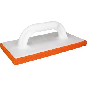 LUX Schwammgummibrett Fein, 14x28 cm, mit weißem Griff und orangem Schwamm für Maurer- und Fliesenlegerarbeiten.