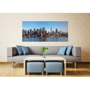 Sanders & Sanders Fototapete New York in Blau (202x90cm) über Sofa im Wohnzimmer.