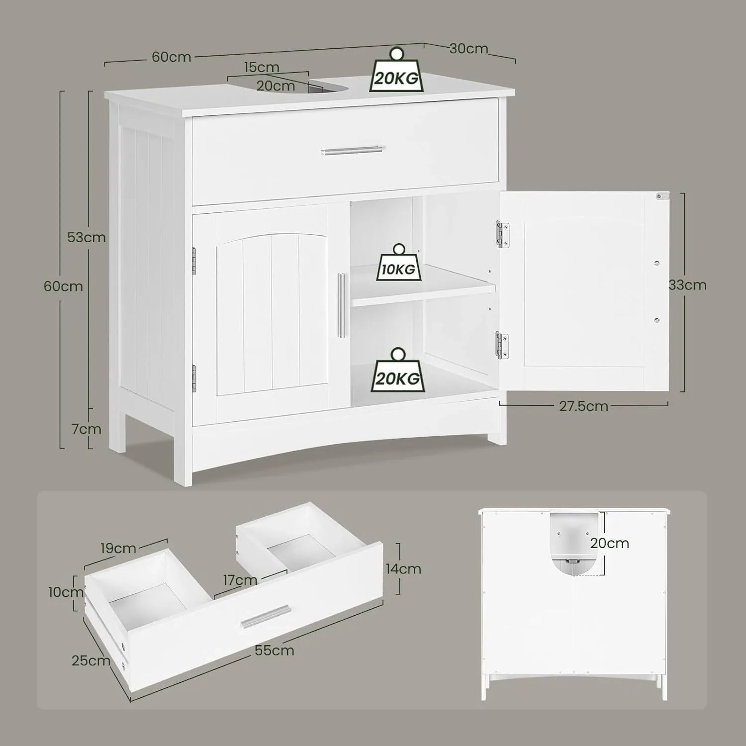 Weißer EUGAD Waschbeckenunterschrank mit 2 Schubladen, 2 Türen, verstellbaren Fächern und Siphonausschnitt. Maße 60x30x60cm.