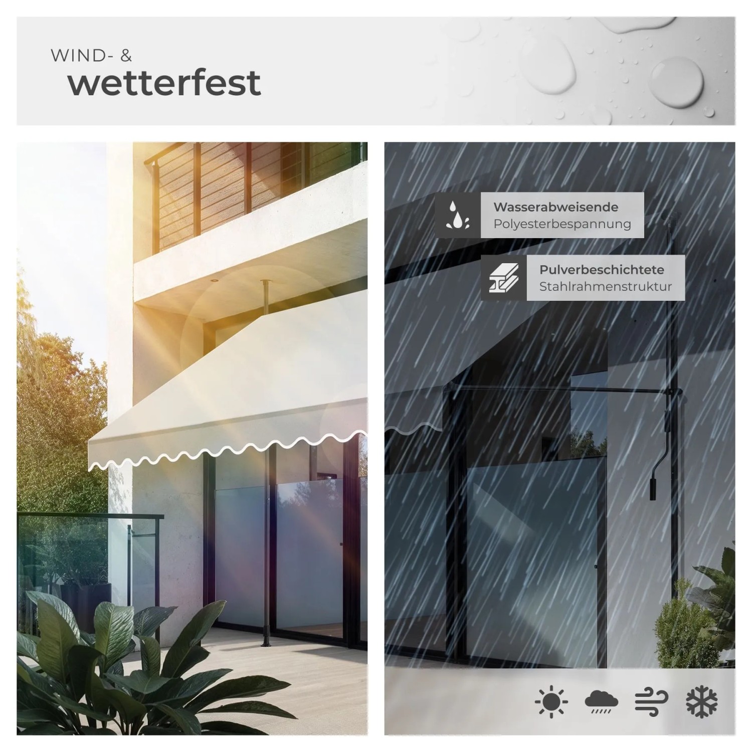 Hellgraue Klemmmarkise auf Balkon, schützt vor Sonne und Regen. Wetterfest, UV-beständig, mit Handkurbel.