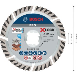 Bosch X-Lock Diamanttrennscheibe 125 mm für Winkelschleifer. Segmentiertes Blatt für Universal-Baumaterial.