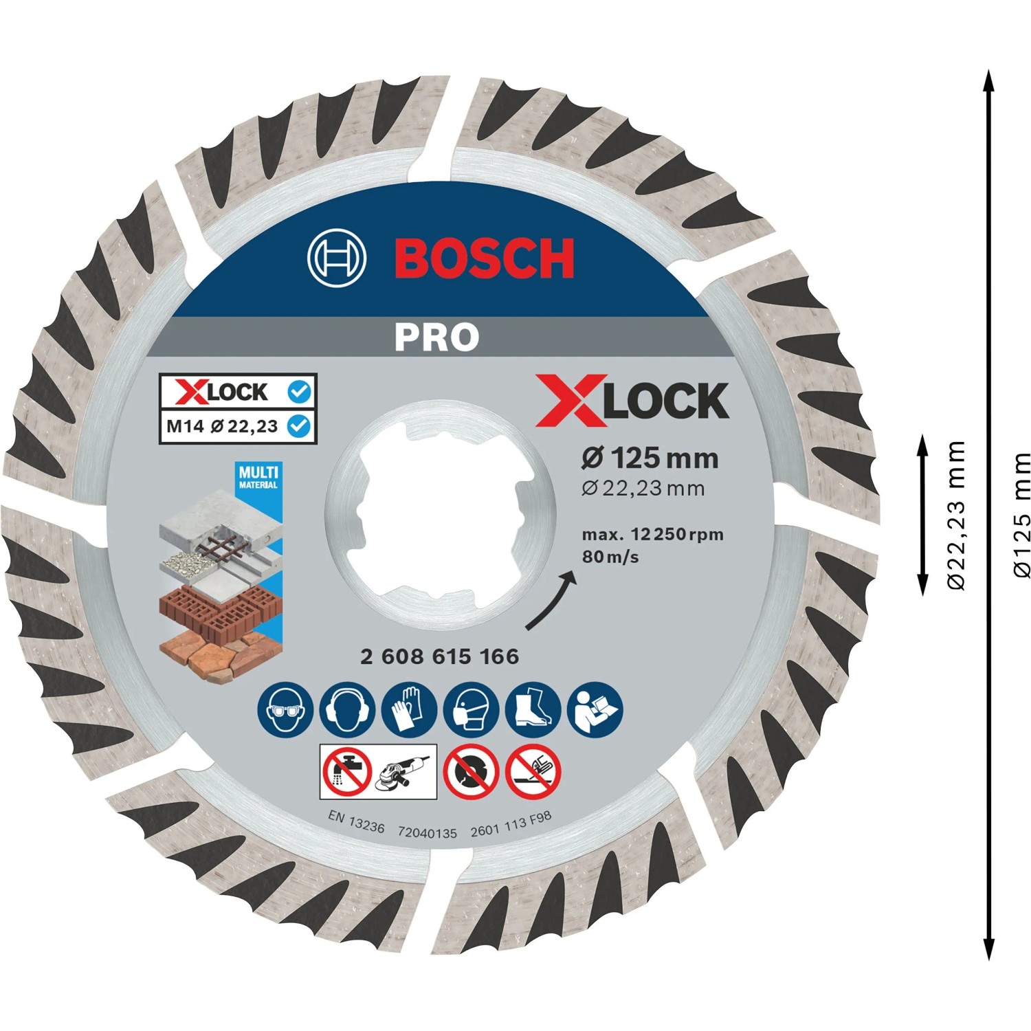 Bosch X-Lock Diamanttrennscheibe 125 mm für Winkelschleifer. Segmentiertes Blatt für Universal-Baumaterial.