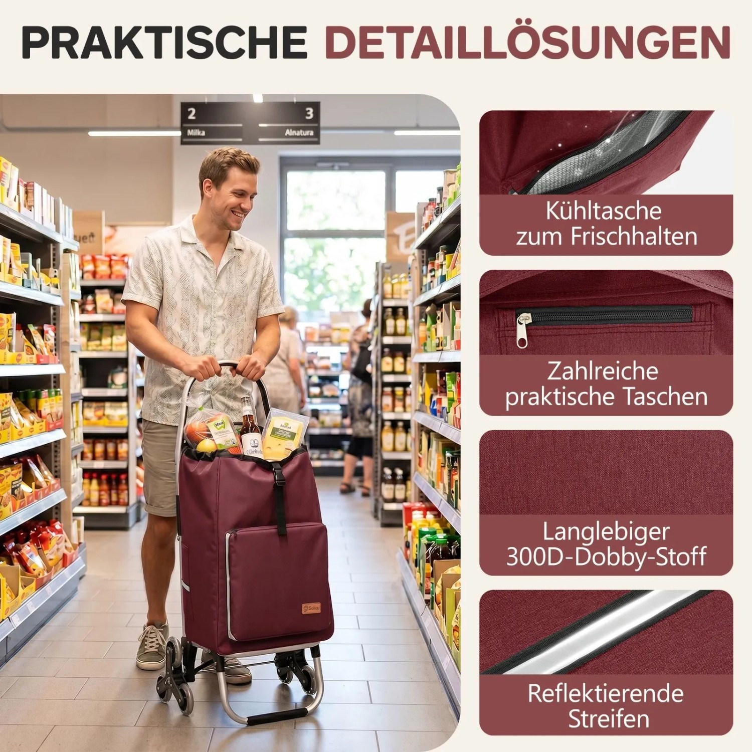 Sekey Einkaufsroller Treppensteiger, 50L, rot, mit Kühlfach. Ideal für den Einkauf im Supermarkt.