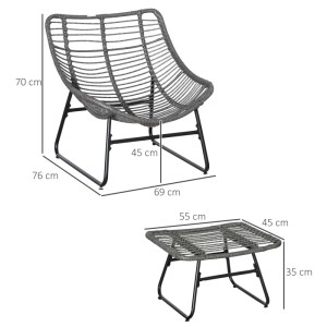 Graues Outsunny Rattansessel-Set mit Fußhocker und Metallgestell, Maße 69x76x70 cm.