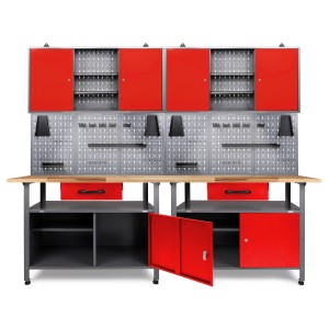 Ondis24 Werkbank Set Klaus, 240 cm, mit roten Schränken, LED-Beleuchtung und Lochwand für Werkstatt.