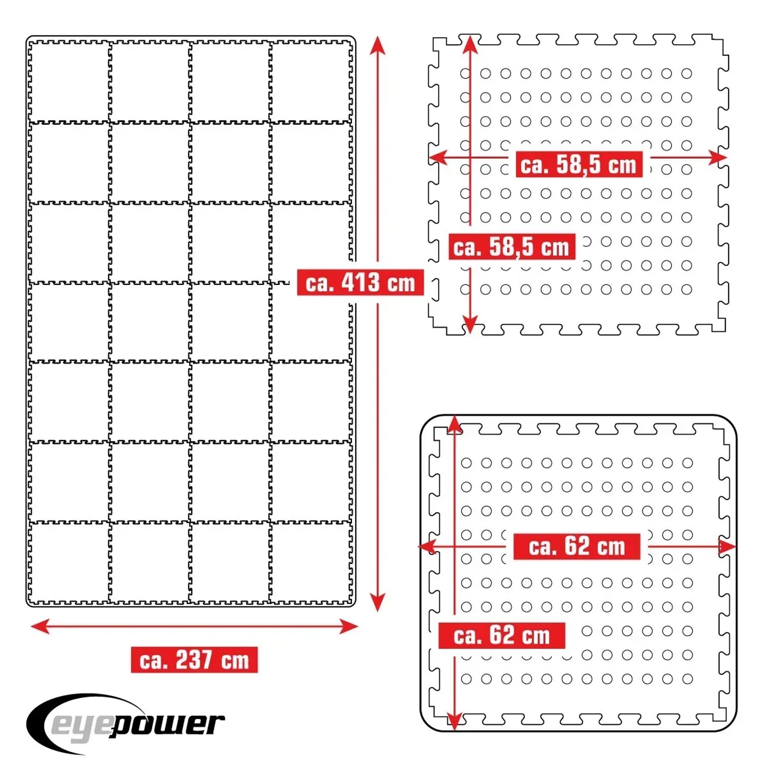 eyepower Poolmatte 62x62 cm, 28er Set, blau. Darstellung der Maße und Anordnung der Poolmatten.