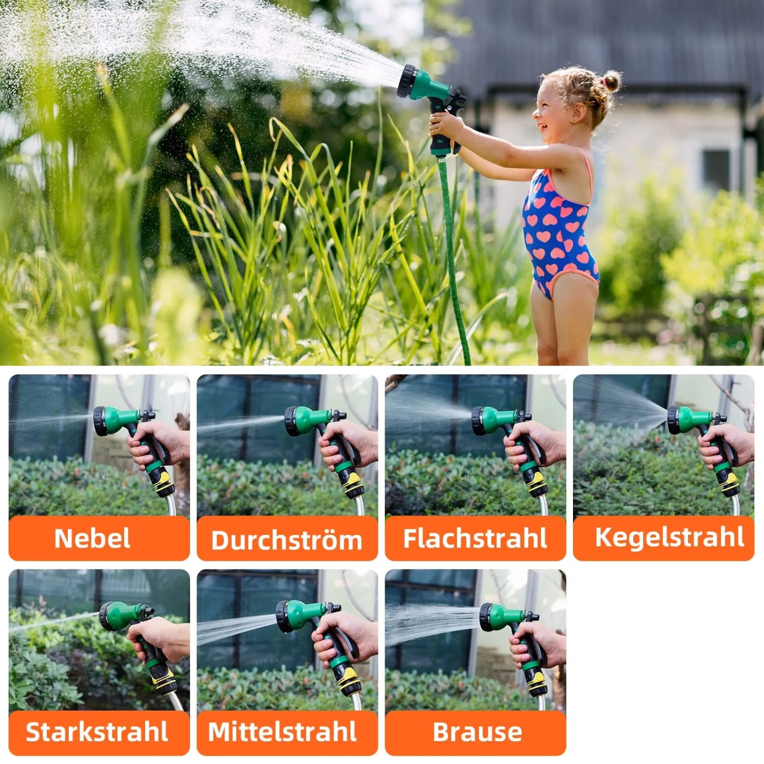 Kind bewässert Garten mit grüner Gartenschlauchdüse; zeigt 7 Sprühbilder: Nebel, Durchström, Flachstrahl, Kegelstrahl, Starkstrahl, Mittelstrahl, Brause.