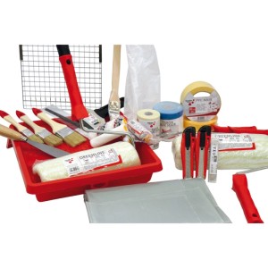 Umfassendes Maler-Set 26-teilig mit Farbrollern, Pinseln, Spachteln, Abdeckmaterial und Teleskopstange für Heimwerker.