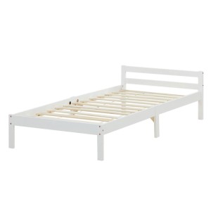 Weißes Homestyle4u Einzelbett 90x200 cm aus Kiefernholz mit Lattenrost. Schlichtes Bettgestell, abgerundete Kanten.