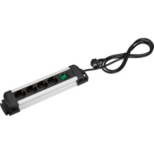 Schwarze 4-fach Steckdosenleiste Alu-Line Tido mit Schalter und Aluminiumgehäuse.