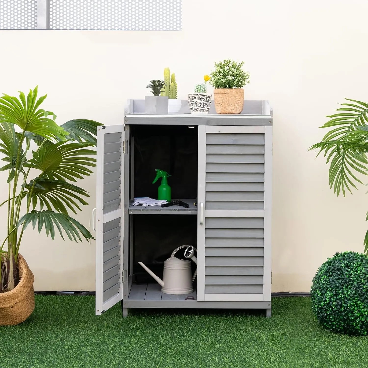 Costway Gartenschrank Holz Lagerschrank Garten Grau_2