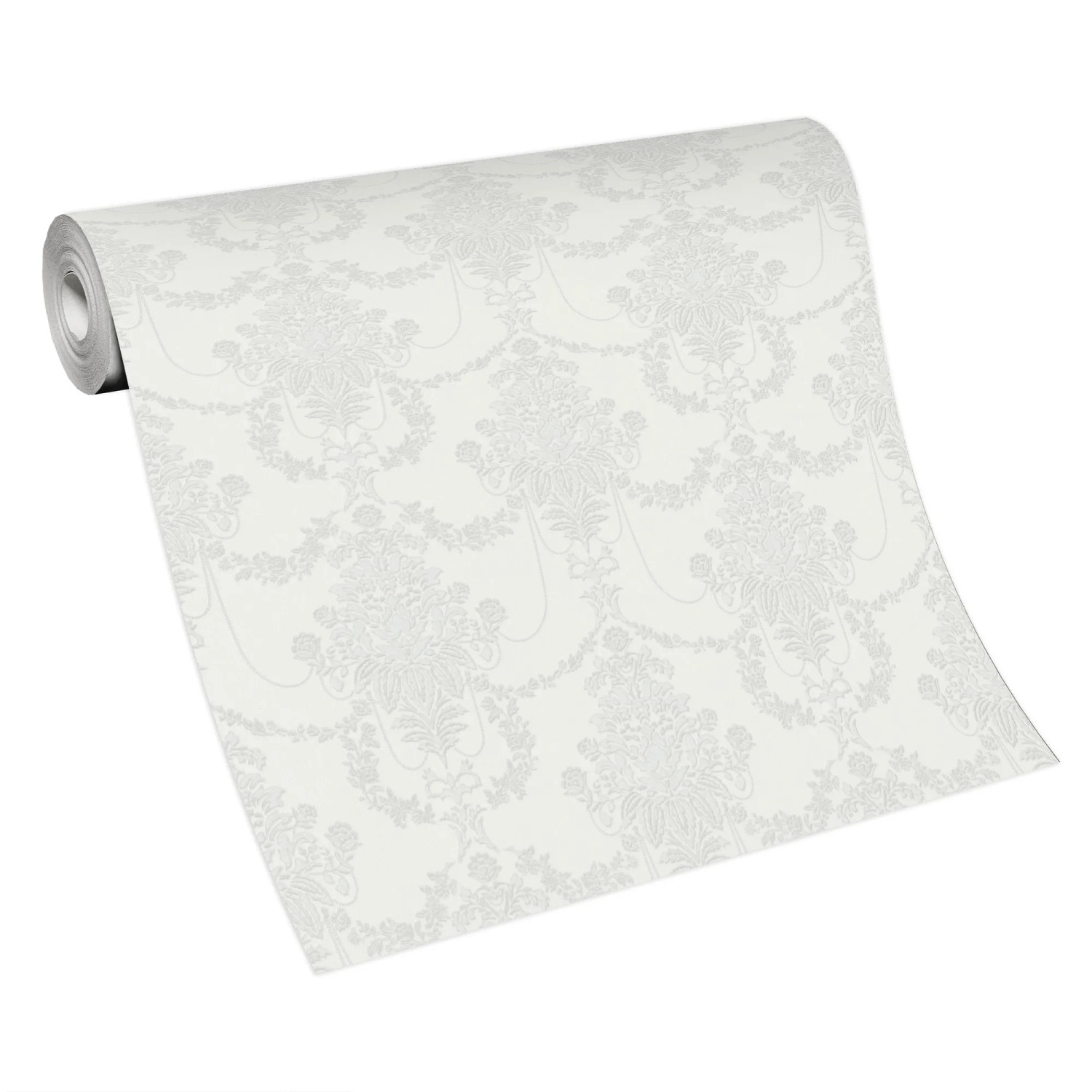 Rolle Erismann Vliestapete Versailles Felicite, 10,05x0,53m, hellgrau mit filigranen Blütenornamenten.
