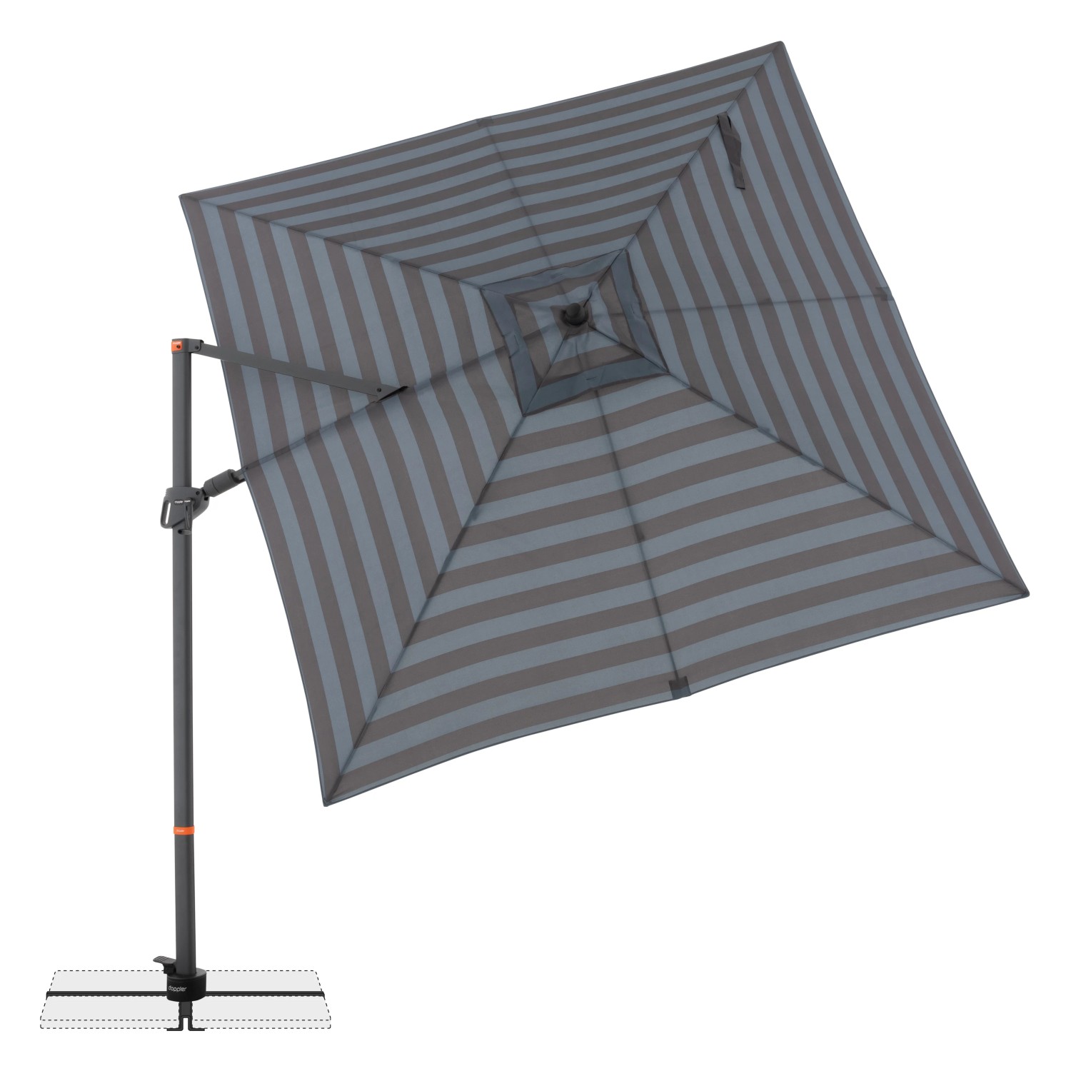 Doppler Ampelschirm MyZone, 280x280 cm, blau-grau gestreift, mit Kurbelmechanik.