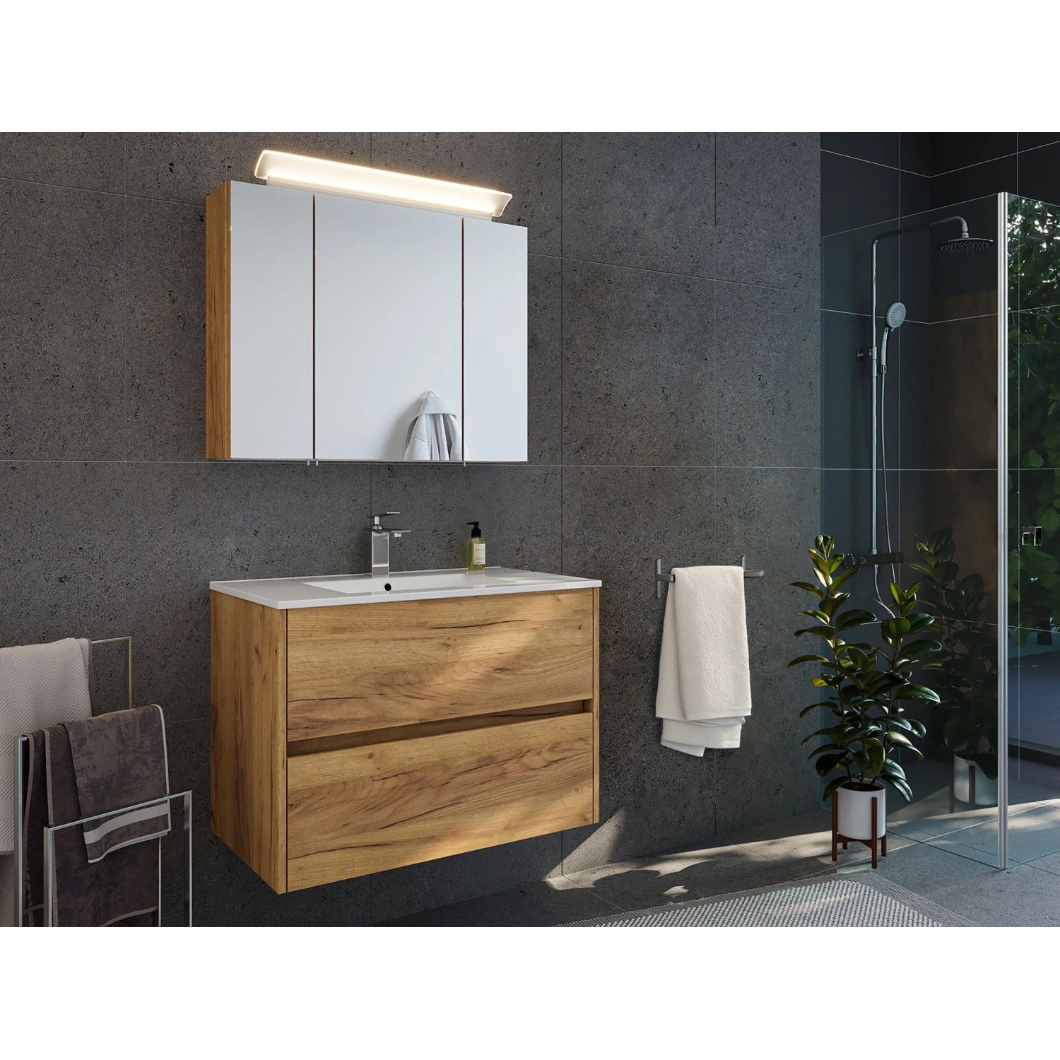 Posseik Badmöbelset Limes 80 cm Eiche Gold LED Spiegelschrank