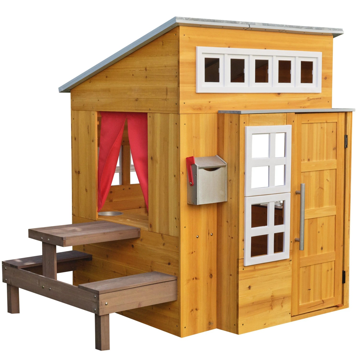 KidKraft Modernes Outdoor Spielhaus für Kinder aus Holz - 158cm hoch - mit Kinderküche, Briefkasten und Grill-Set – Holzspielhaus für den Garten Natur