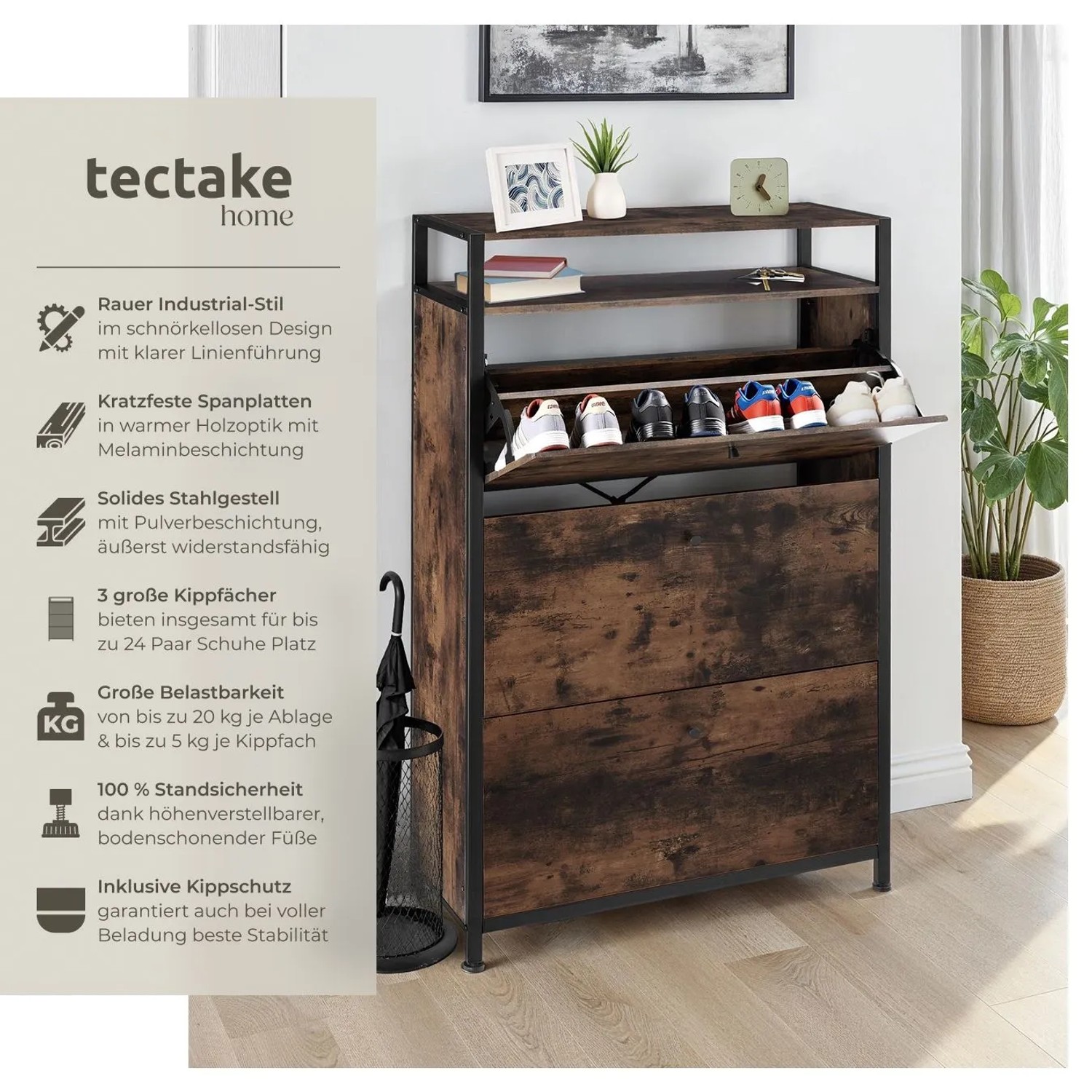 Tectake Schuhschrank Buffalo Industrial Style Holz und Stahl  81 x 32 x 130 cm Industrial Holz Dunkel  Rustikal_2