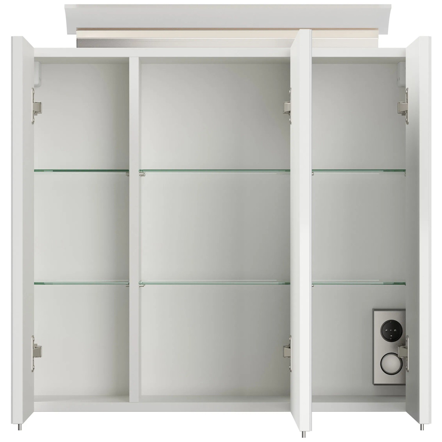 Offener Posseik Spiegelschrank 70 cm, weiß hochglanz, mit LED-Lampe und Glasböden.