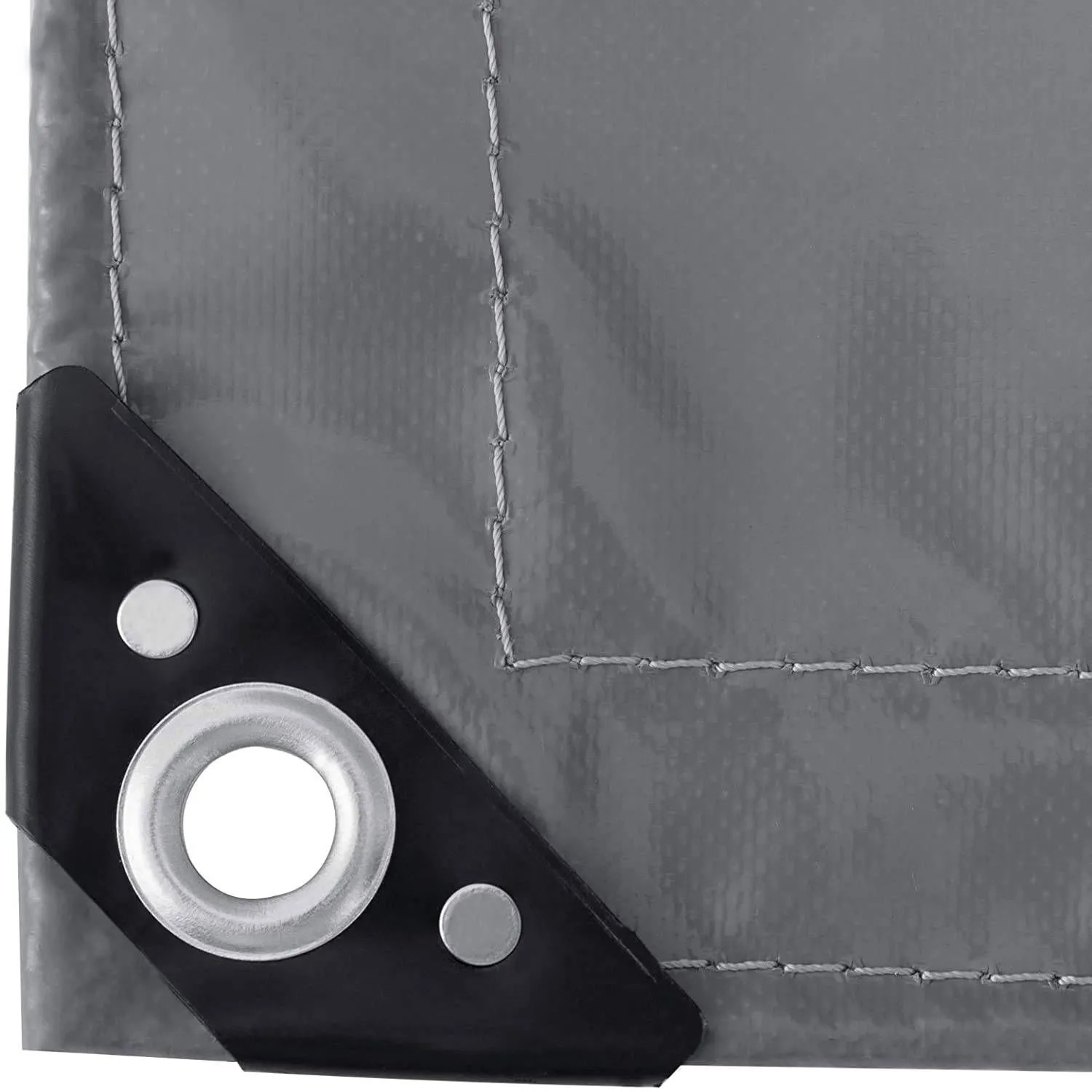 Detailansicht einer dunkelgrauen WOLTU PVC Abdeckplane mit Öse und verstärktem Rand.