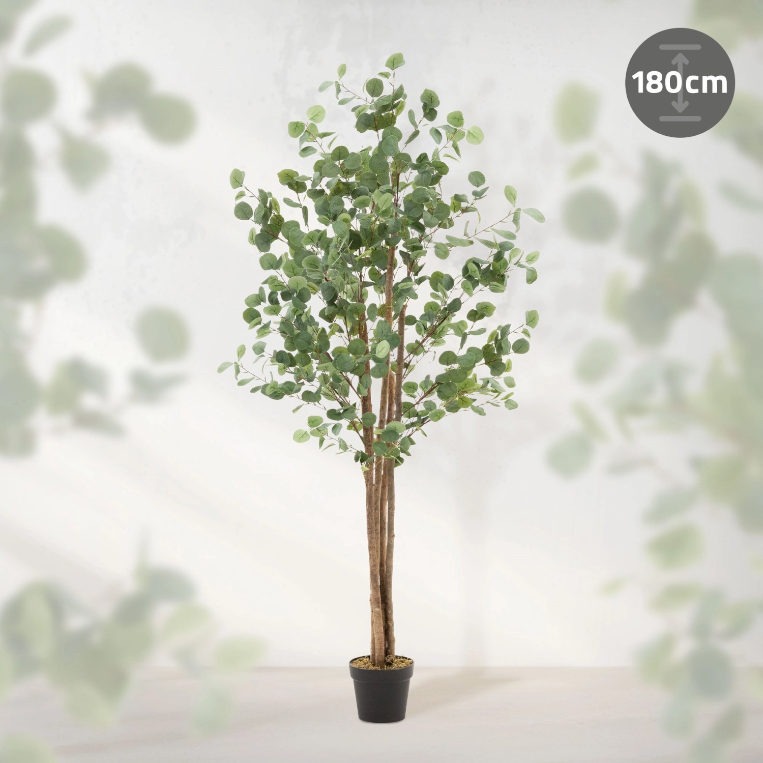 ML-Design künstlicher Eukalyptus, 180 cm, mit Naturholzstamm im Topf. Dekorative Kunstpflanze.