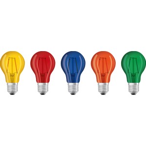 Osram LED-Leuchtmittel E27 Colorbox, 5er-Pack mit farbigen Lampen (Rot, Gelb, Blau, Orange, Grün).