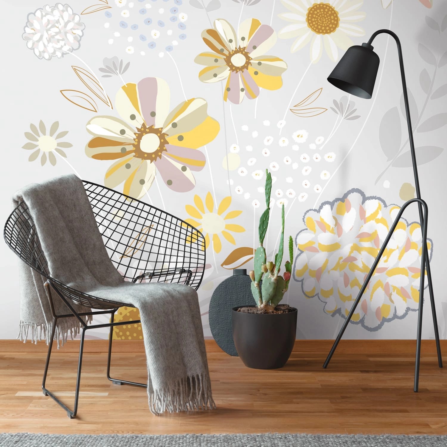 PROFHOME 392101-GU Fototapete Blumen Matt Grau Gelb Beige Weiß 1,59 m x 2,8 günstig online kaufen