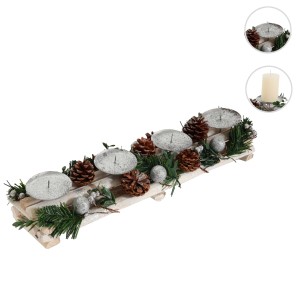 MCW Adventsgesteck M12 ohne Kerzen, silberfarben mit Kugeln und Tannenzapfen.