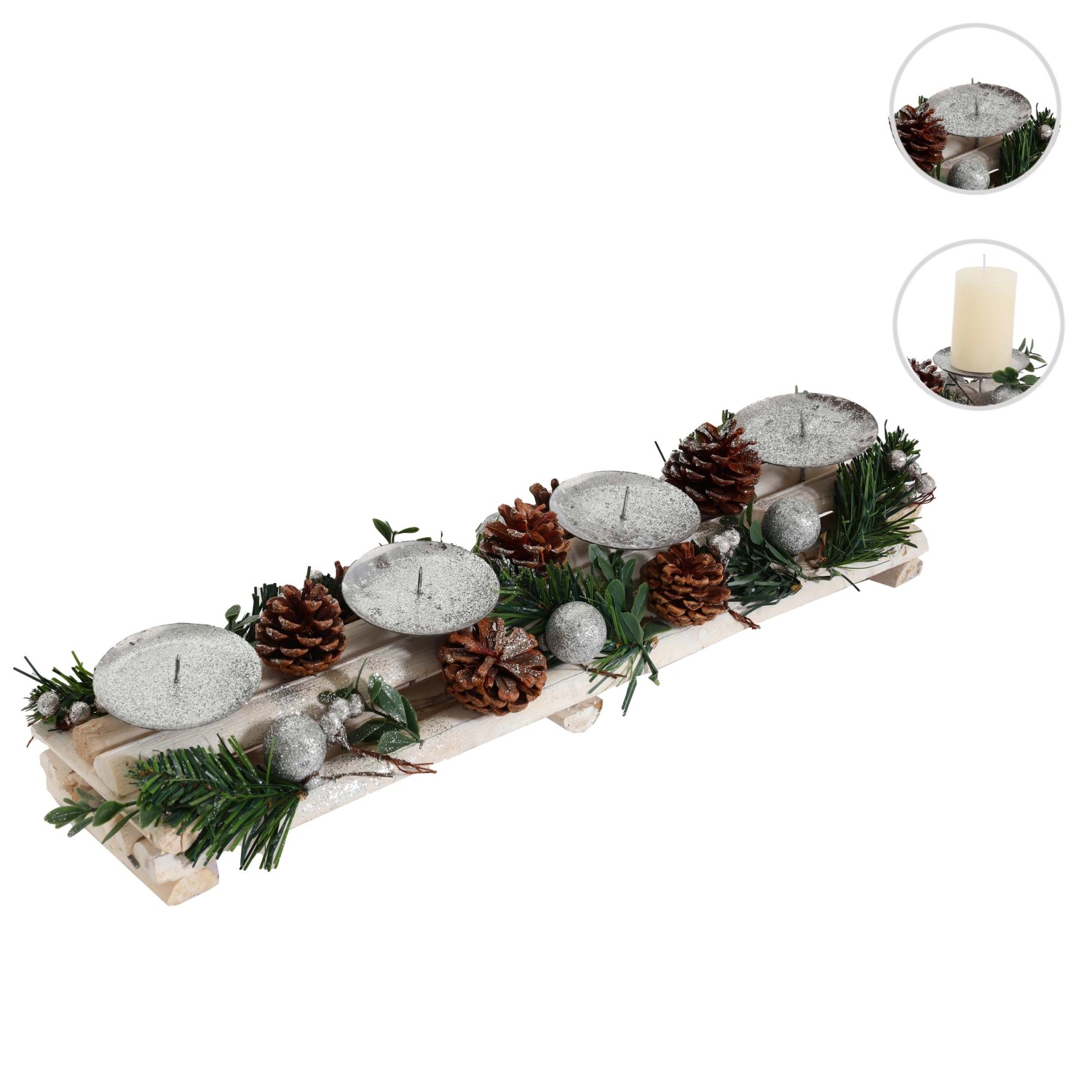 MCW Adventsgesteck M12 ohne Kerzen, silberfarben mit Kugeln und Tannenzapfen.