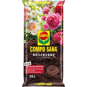 Sack Compo Sana Rosenerde 20L: Spezialerde für Rosen in Beet und Topf, mit Nährstoffen für intensive Blüten.