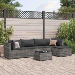 Graues 6-teiliges Garten-Lounge-Set aus Polyrattan mit Kissen und Tisch für Terrasse und Garten.