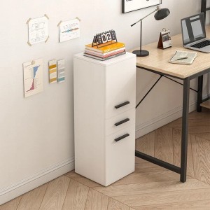 Weißer Rebiko Büroschrank im Loft-Stil mit drei Fächern, schwarzen Griffen, Schublade und Regalböden, 85 cm.