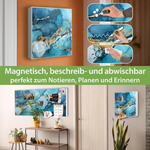 Banjado Schlüsselkasten Metall, 30x30cm, blau-goldener Marmor. Magnetisch, beschreibbar, 32 Haken für Garderobe.