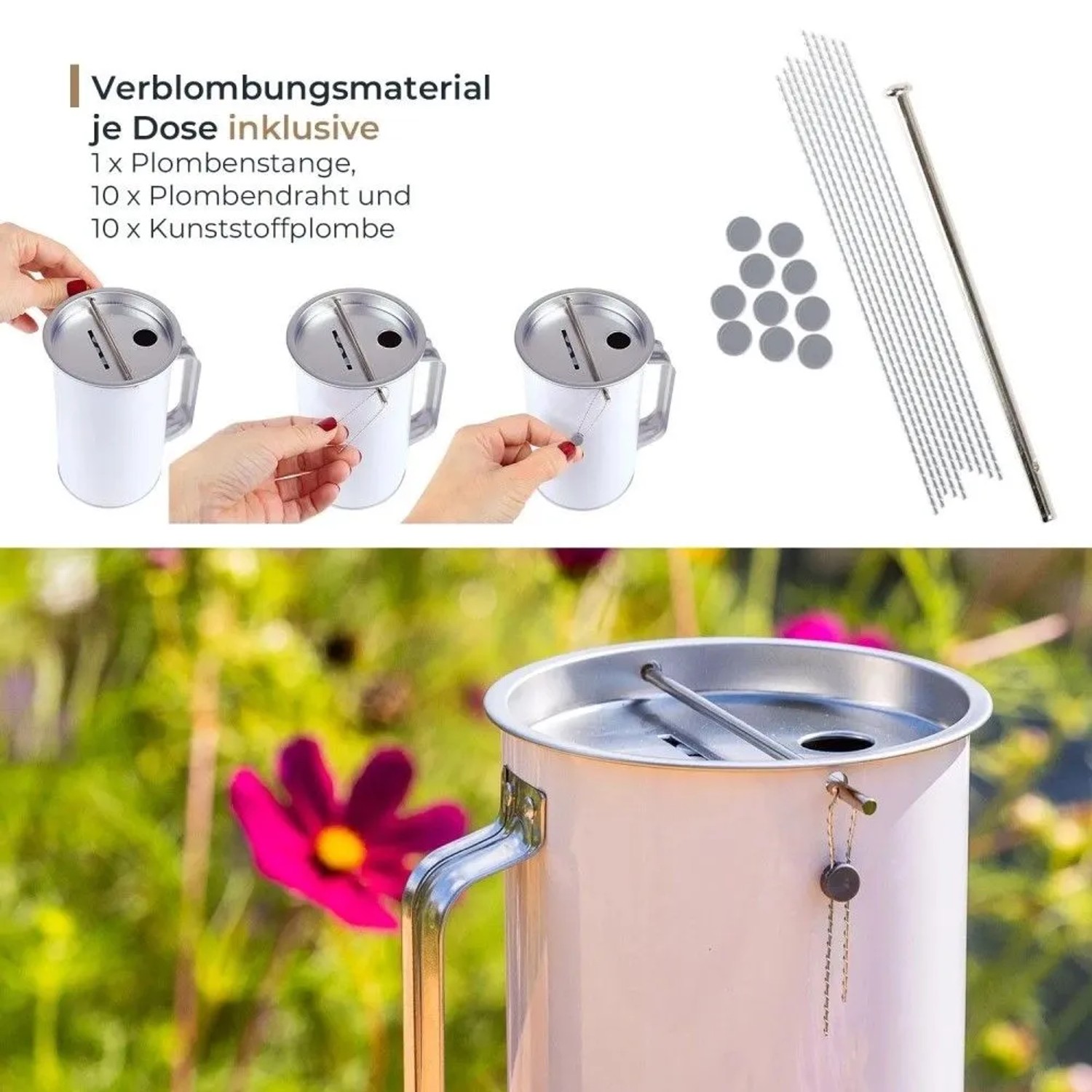 HMF Spendendose lichtgrau mit Griff, Geld-Einwurfschlitz. Inklusive Plombenstange, Drähte und Kunststoffplomben.