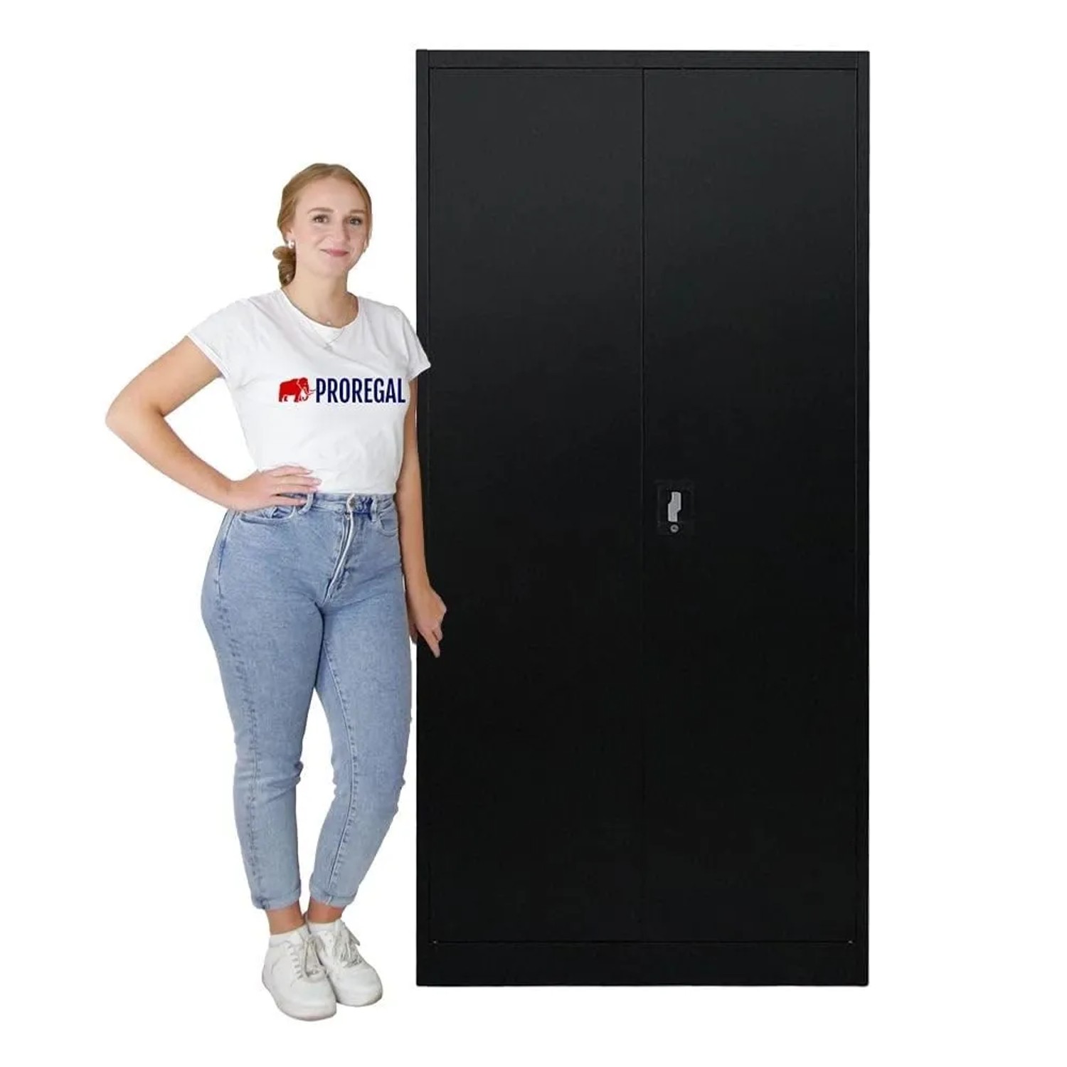 Schwarzer PROREGAL Flügeltürenschrank ELEPHANT (180x80x40cm) mit 4 Ebenen und abschließbaren Türen.