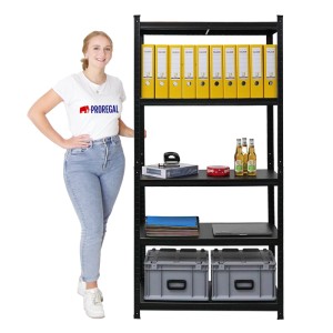 BERLINLODGE Regal Ragnar, mattschwarz, 180x90x40cm, mit Ordnern, Kisten und Büroartikeln.