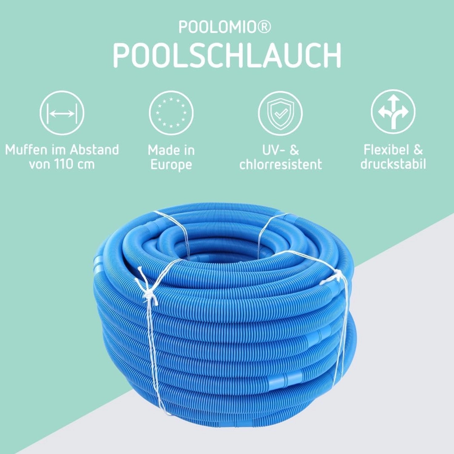 Blauer poolomio Poolschlauch (32mm) mit Trennmuffen, 9,9 Meter lang, aufgerollt.