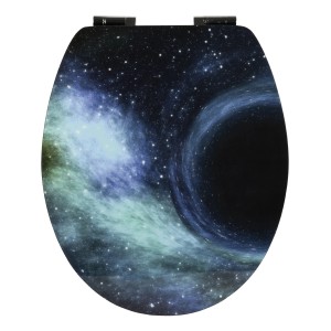 WC-Sitz mit Weltall-Motiv und Absenkautomatik. Dekorativer Toilettendeckel mit Galaxie-Design.