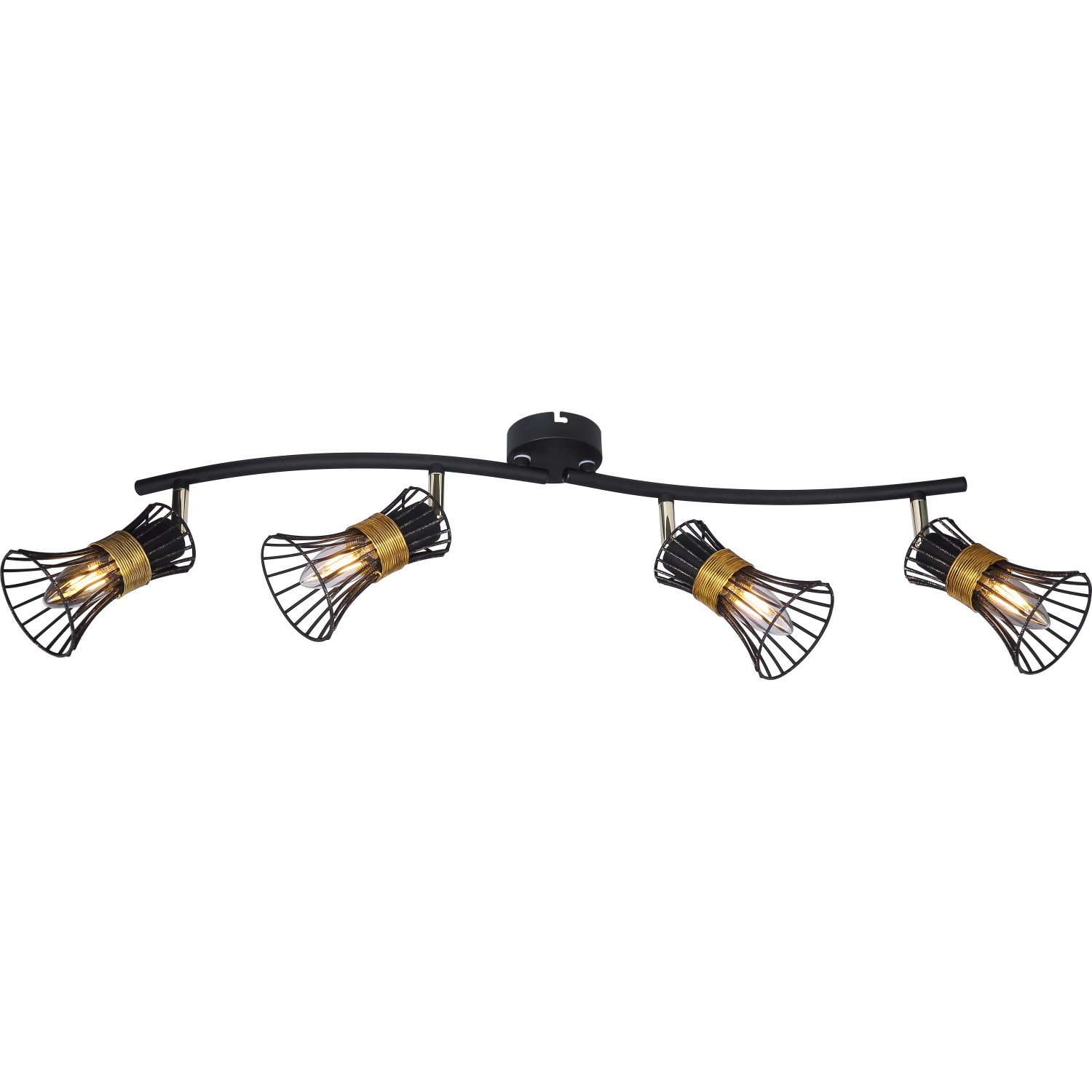 Schwarzer Globo Strahler Purra mit 4 Lampen und goldfarbenen Details.