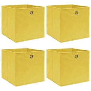 Vier gelbe Aufbewahrungsboxen aus Stoff, 32x32x32 cm, für Aufbewahrung & Ordnung.