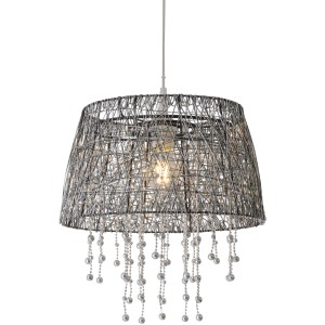 Schwarze Näve Pendelleuchte Combino mit Drahtschirm und Perlenbehang.